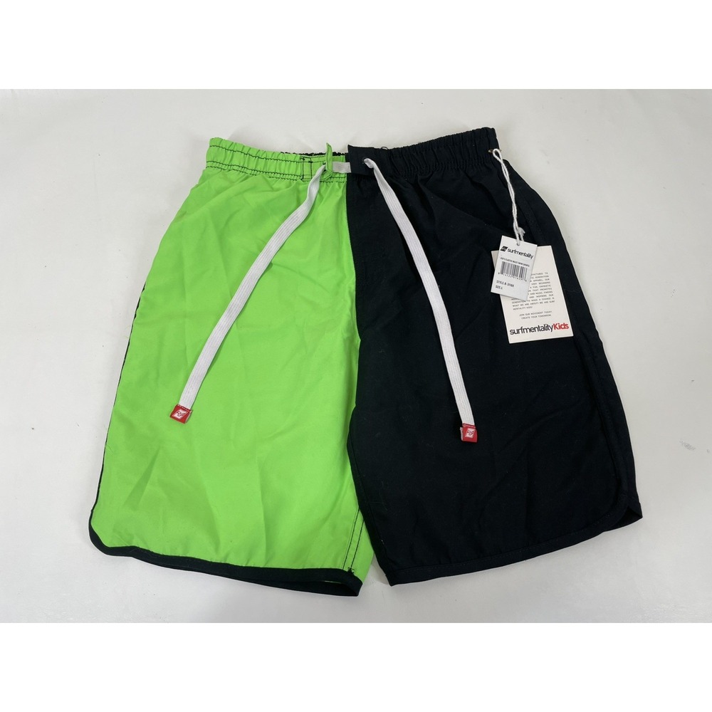 Surf Mentality Kids Elastic Waist Swim Shorts Size L Green Black NWT